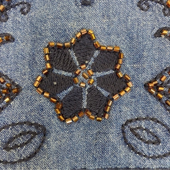 Cato Boho Peasant Blouse Beaded & Embroidered Blouse Dark Wash Roll Tab M - Picture 13 of 16